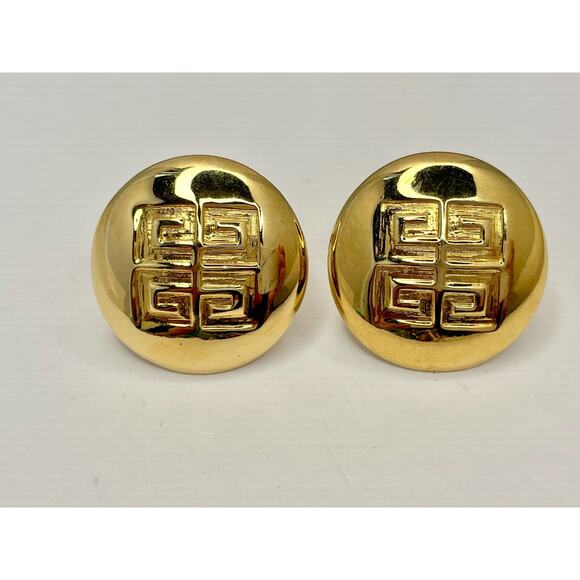GIVENCHY PARIS NEW YORK SIGNATURE GREEK KEY CLIP-ON STATEMENT EARRINGS SIGNED - Picture 1 of 5